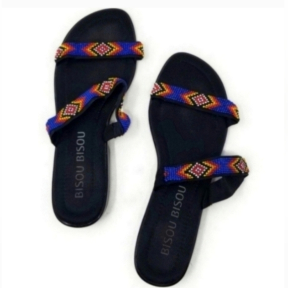 Bisou Bisou Southwest Beaded Slide Flat Sandal 10 - Picture 1 of 8
